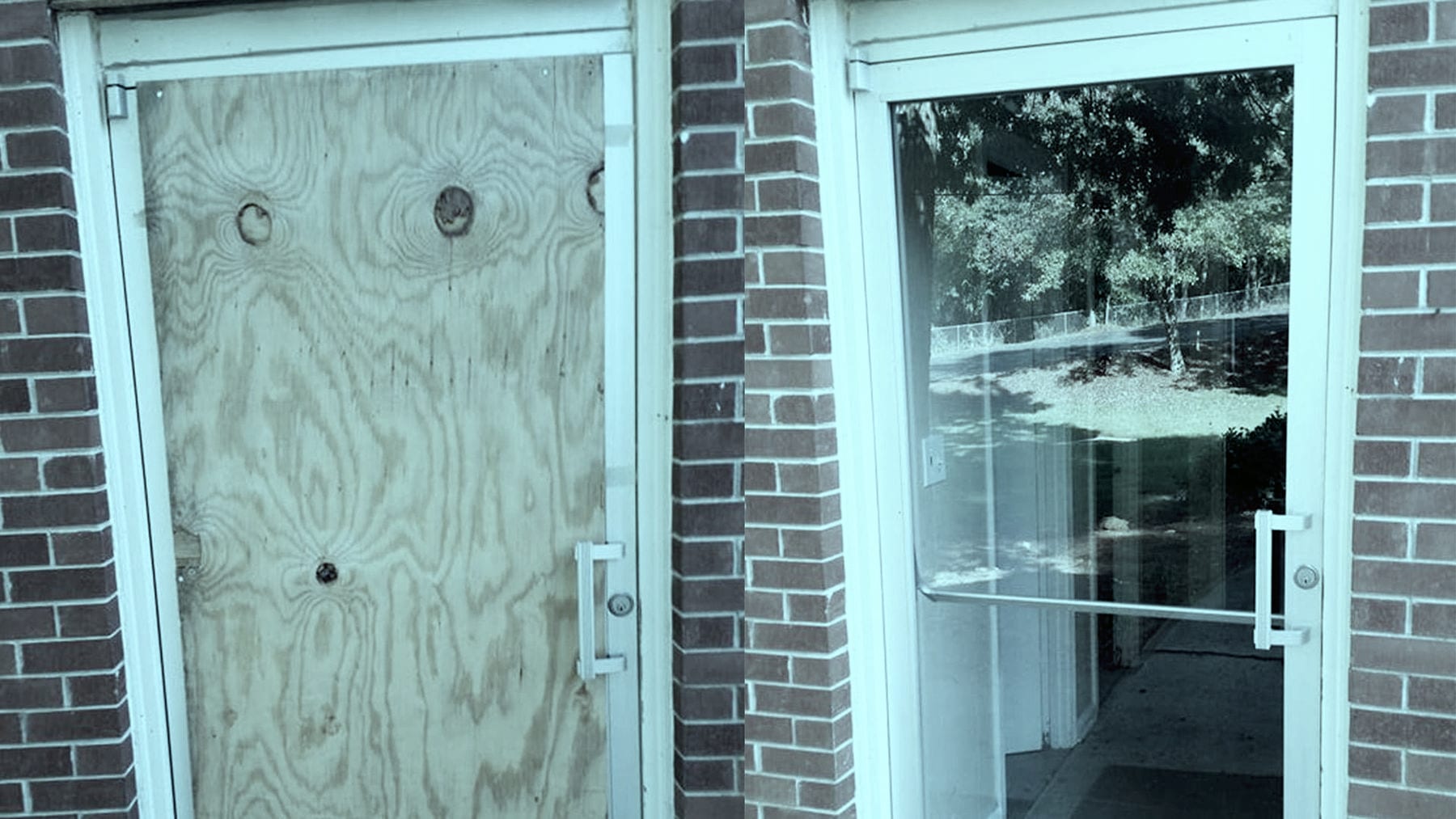 A boarded-up commercial storefront and the same storefront after A and E Glass Repair reglazed it
