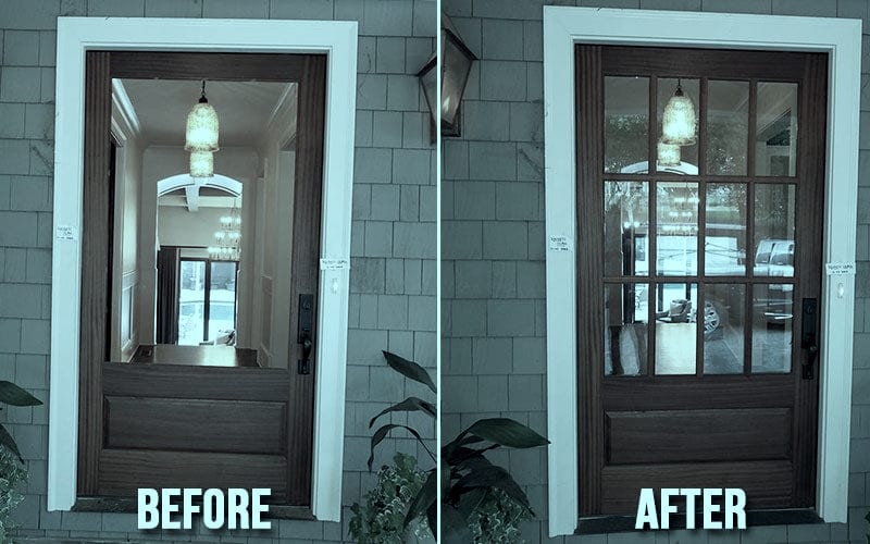 Before and after of a glass door repaired by A and E Glass Repair