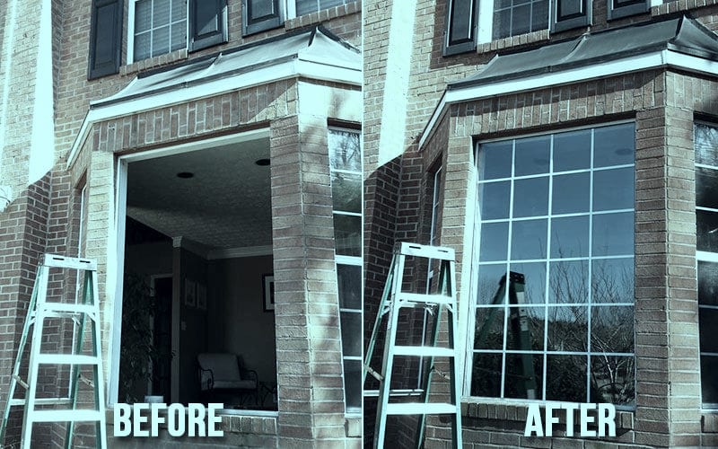 Before and after of a bay window replaced by A and E Glass Repair